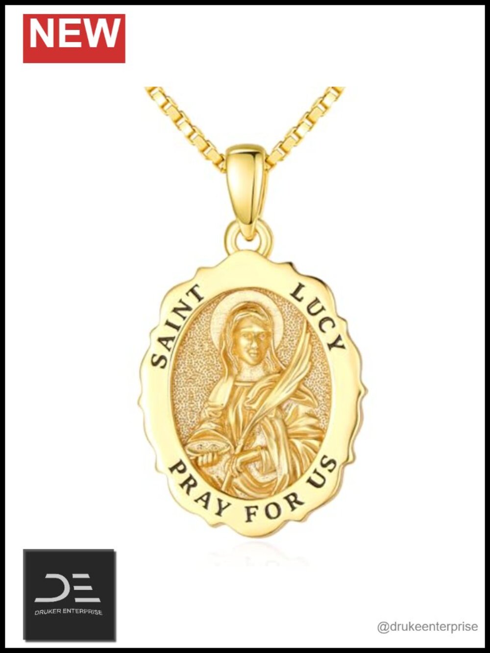 14K Gold Plated Saint Lucy Medal Pendant Necklace Religious Jewelry Gift